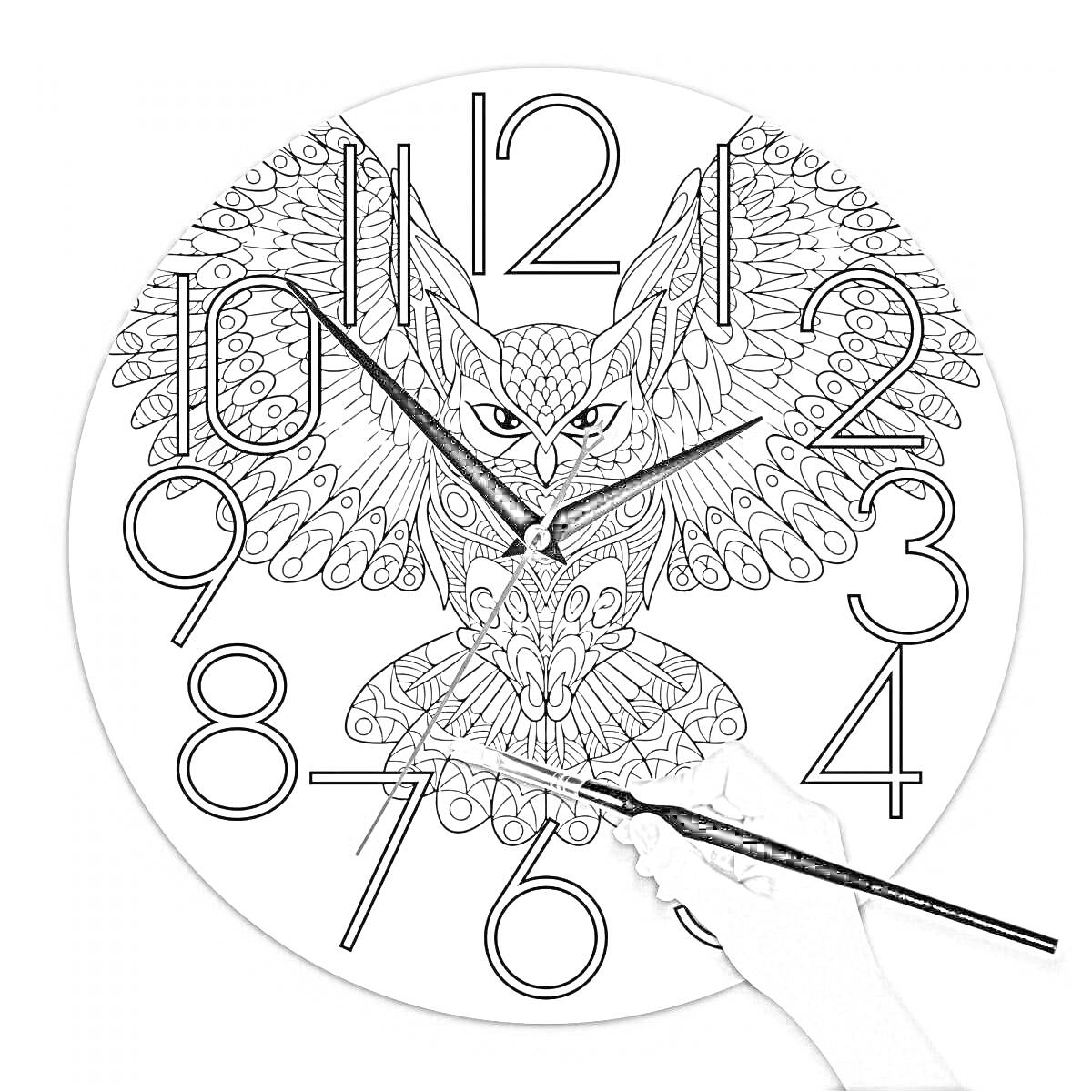 На раскраске изображено: Часы, Циферблат, Филин, Цифры, Время, Творчество, Ручка