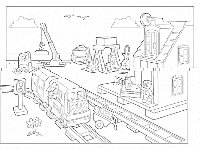 Железнодорожная станция с поездом, рабочими, техникой и зданием
