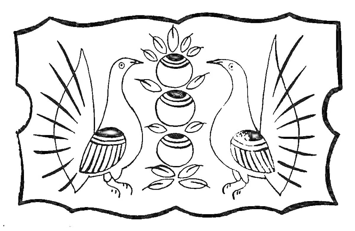 Раскраска Две птицы вокруг трех яблок с листьями на декоративной рамке