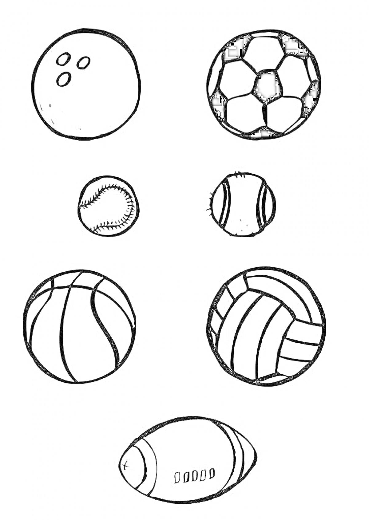 Раскраска Раскраска с разными мячами — футбольный мяч, боулинговый шар, бейсбольный мяч, баскетбольный мяч, волейбольный мяч, регбийный мяч