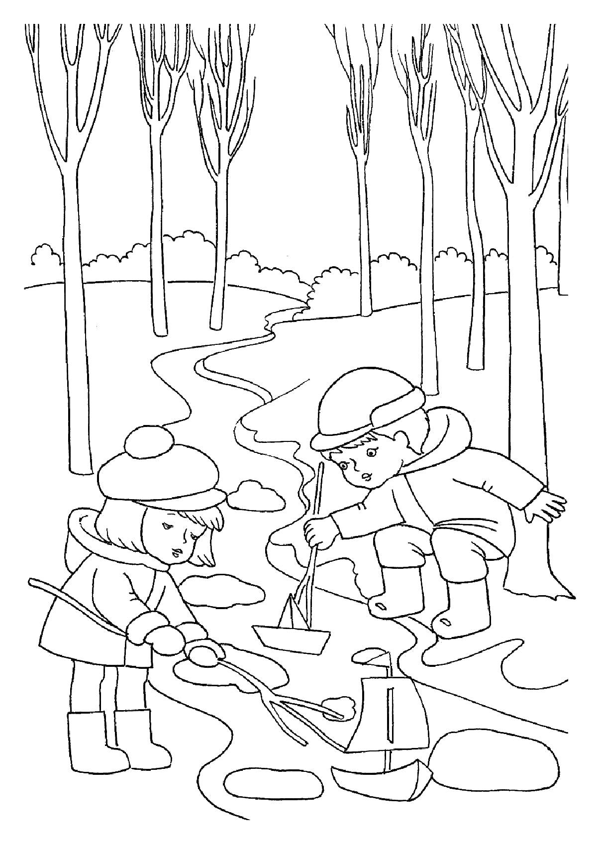 Раскраска Дети, запускающие кораблики весной возле ручья в лесу