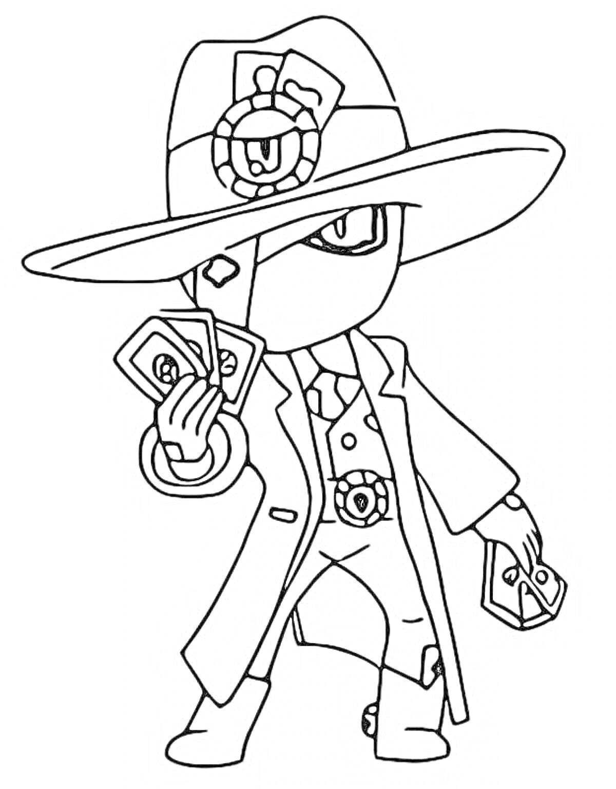 Раскраска Персонаж из игры Brawl Stars - Эдгар в шляпе, с картами в руках