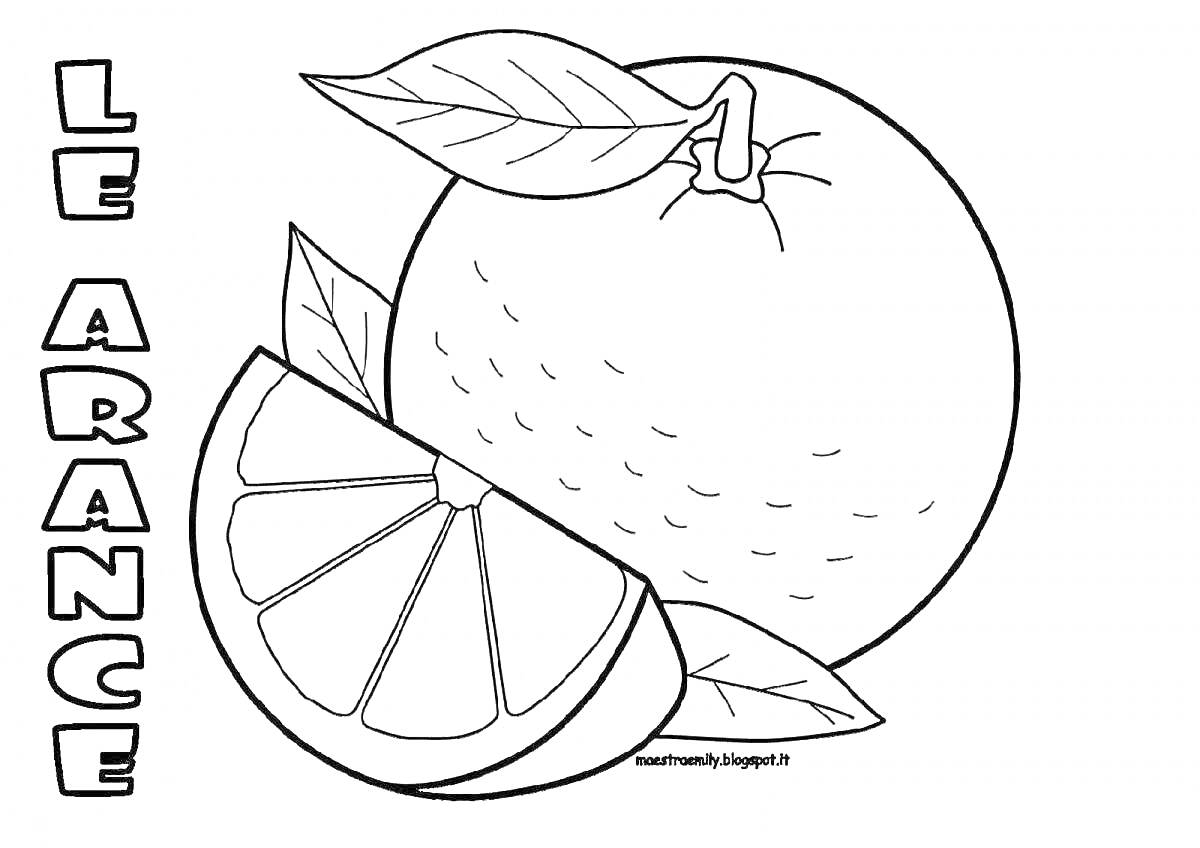 Раскраска мандарин с листьями и долька мандарина
