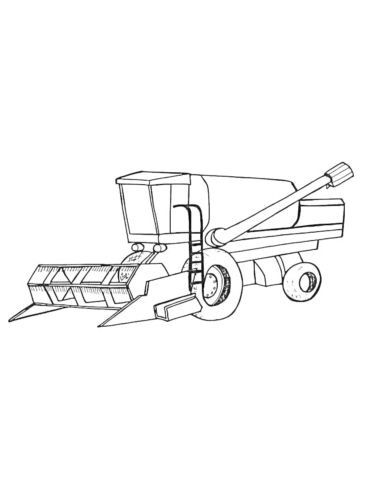 На раскраске изображено: Комбайн, Жатка, Колёса, Лестница, Техника, Сельскохозяйственная техника, Для детей, Транспорт