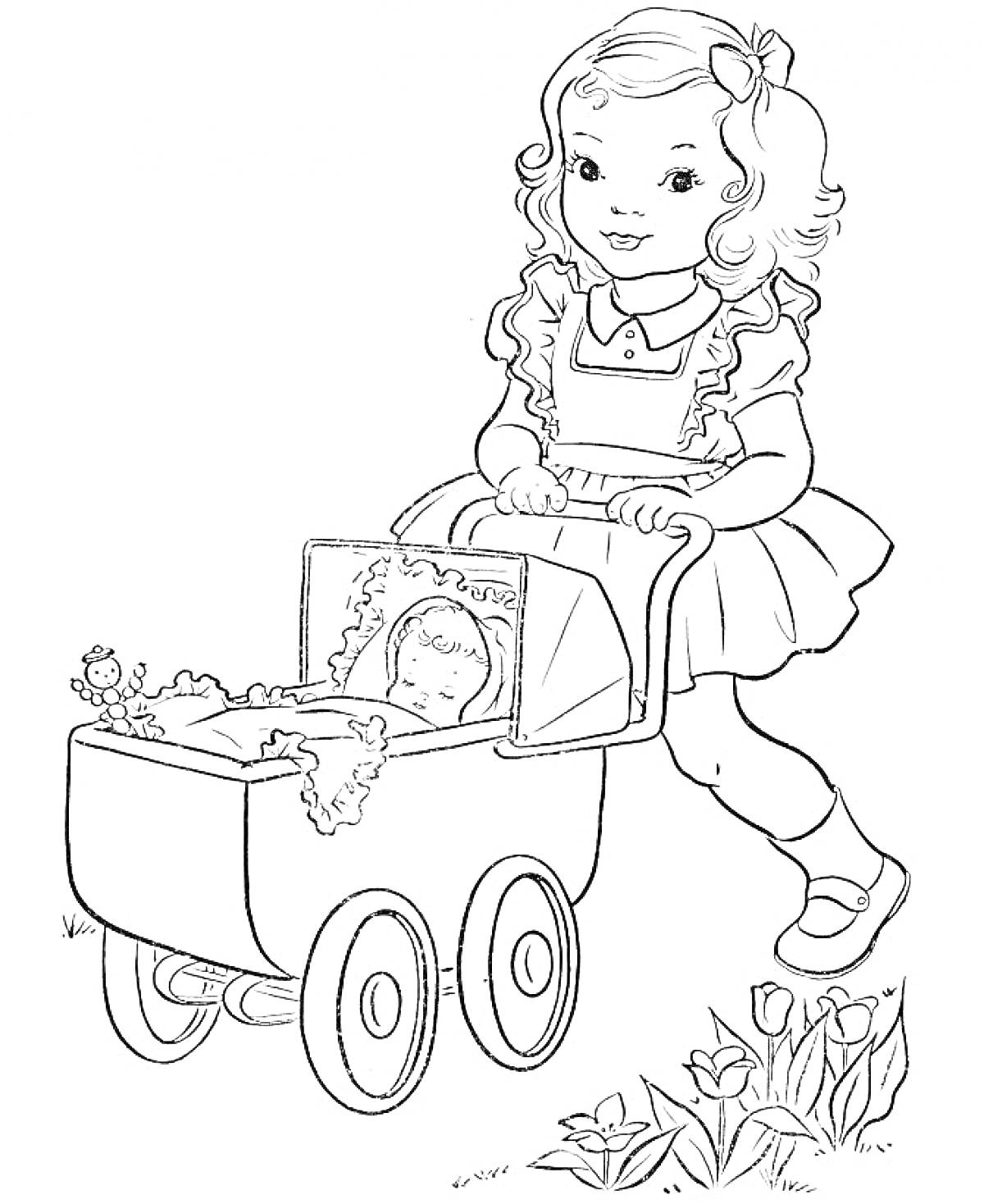 На раскраске изображено: Девочка, Кукла, Коляска, Цветы, Игрушки, Для детей