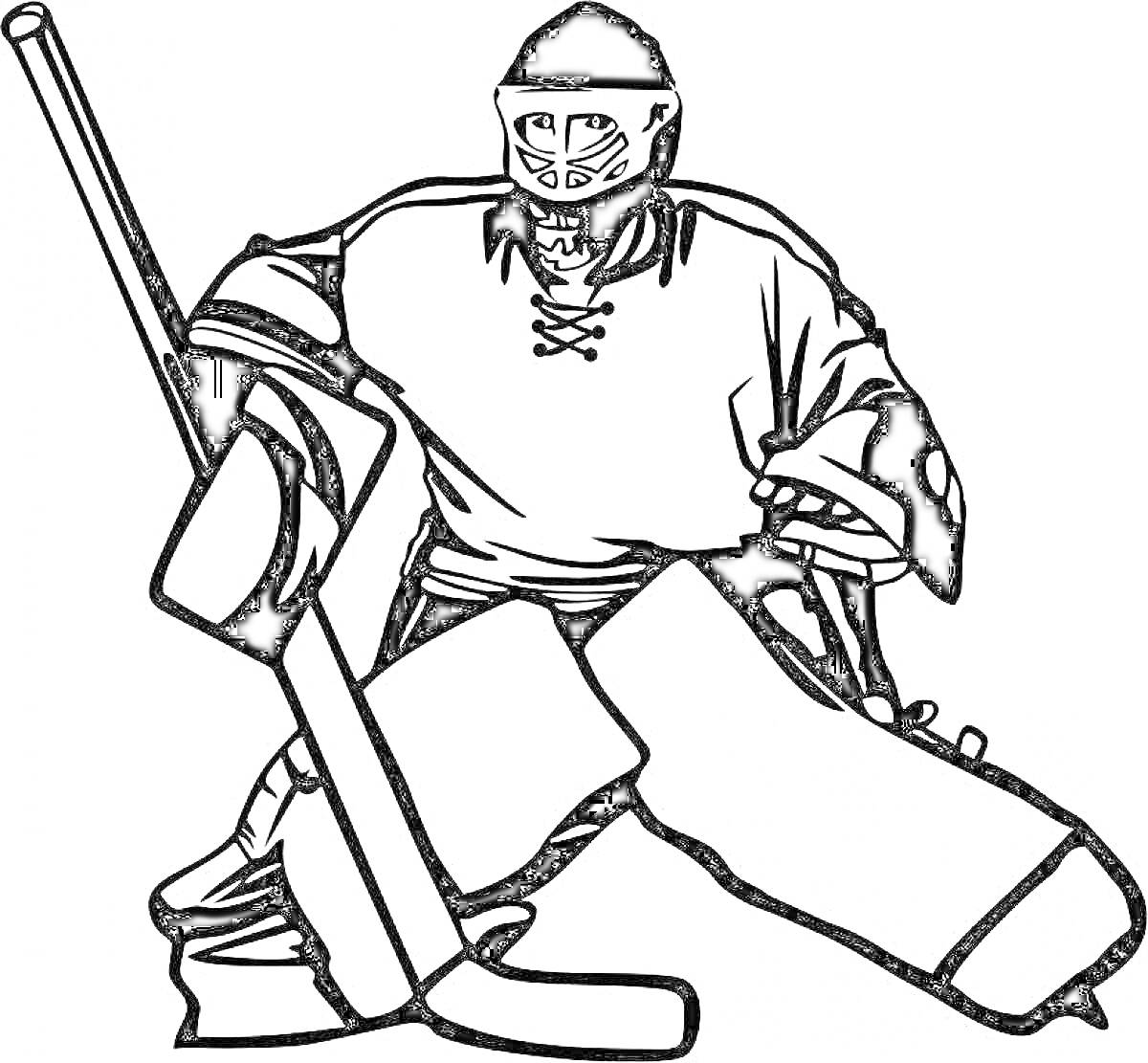 Раскраска Хоккейный вратарь со шлемом в стойке, с клюшкой и щитками