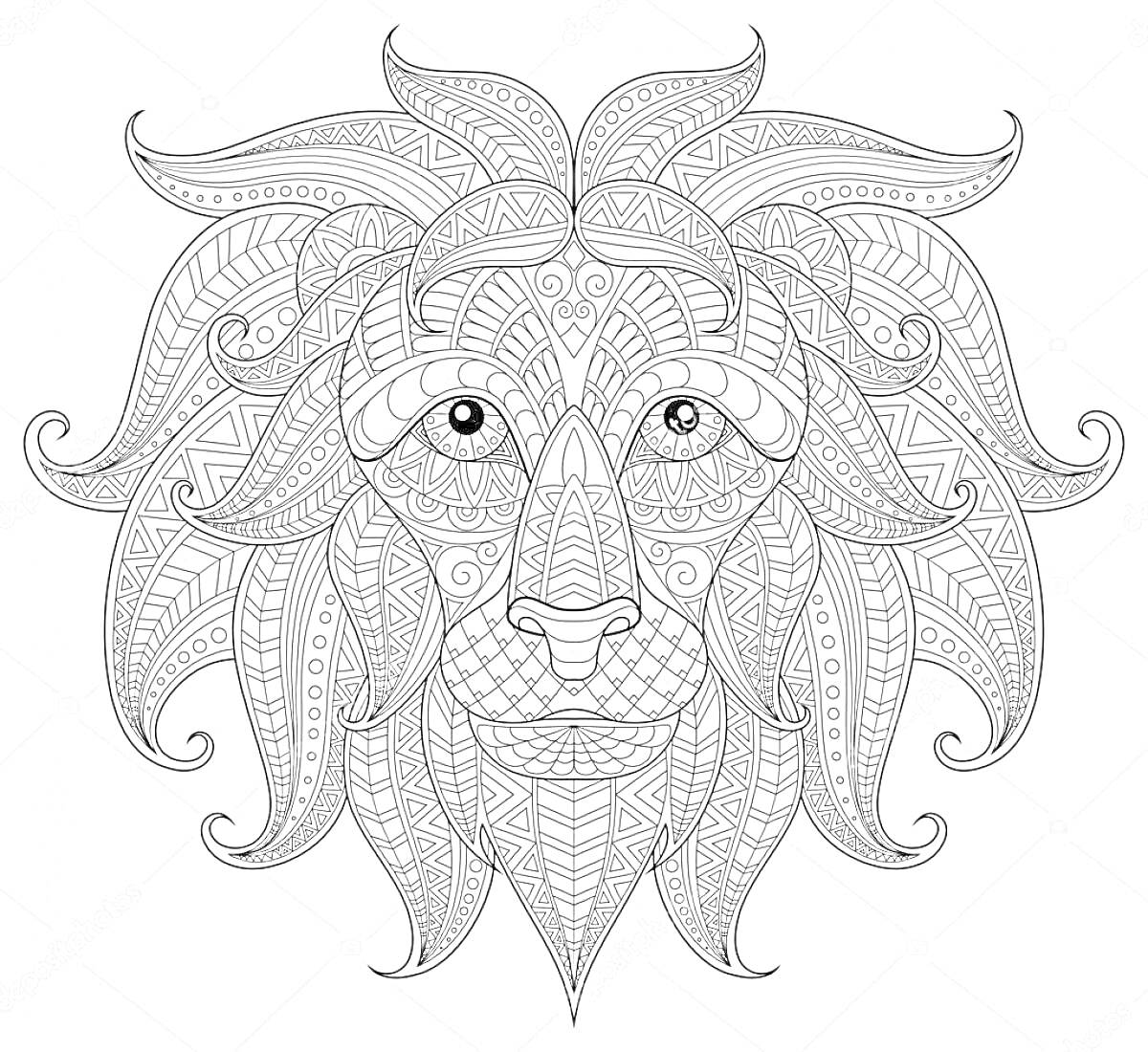 Раскраска Антистресс раскраска с изображением льва, украшенного декоративными узорами и множеством мелких деталей