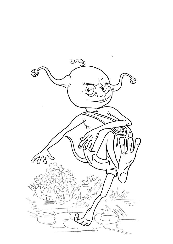 Раскраска Персонаж Джинглик стоит на одной ноге, на заднем плане цветы и камни
