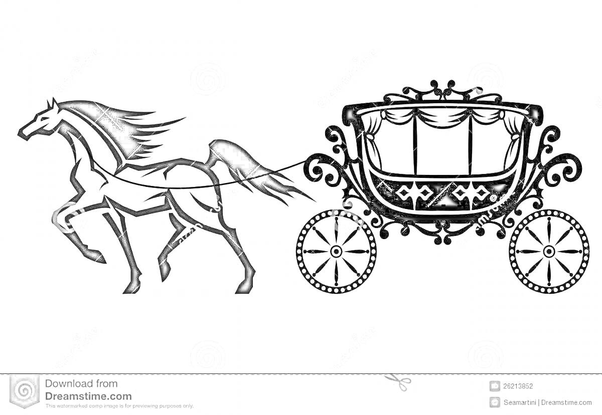 На раскраске изображено: Лошадь, Карета, Колёса, Перевозка, Транспорт, Романтика, Старинный транспорт
