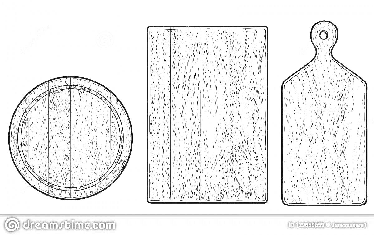 Раскраска Деревянные кухонные доски: круглая доска, прямоугольная доска, доска с ручкой