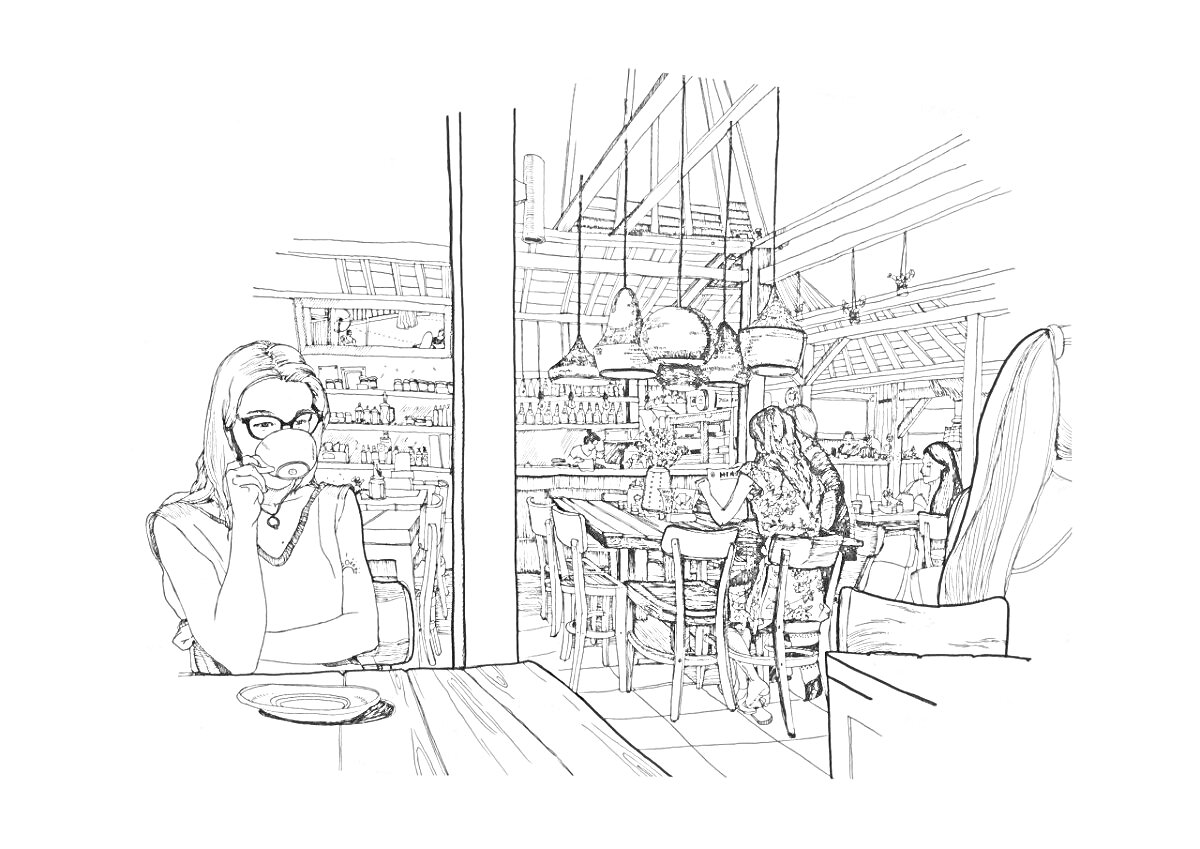Раскраска Люди в кафе, интерьер с мебелью и подвесными светильниками