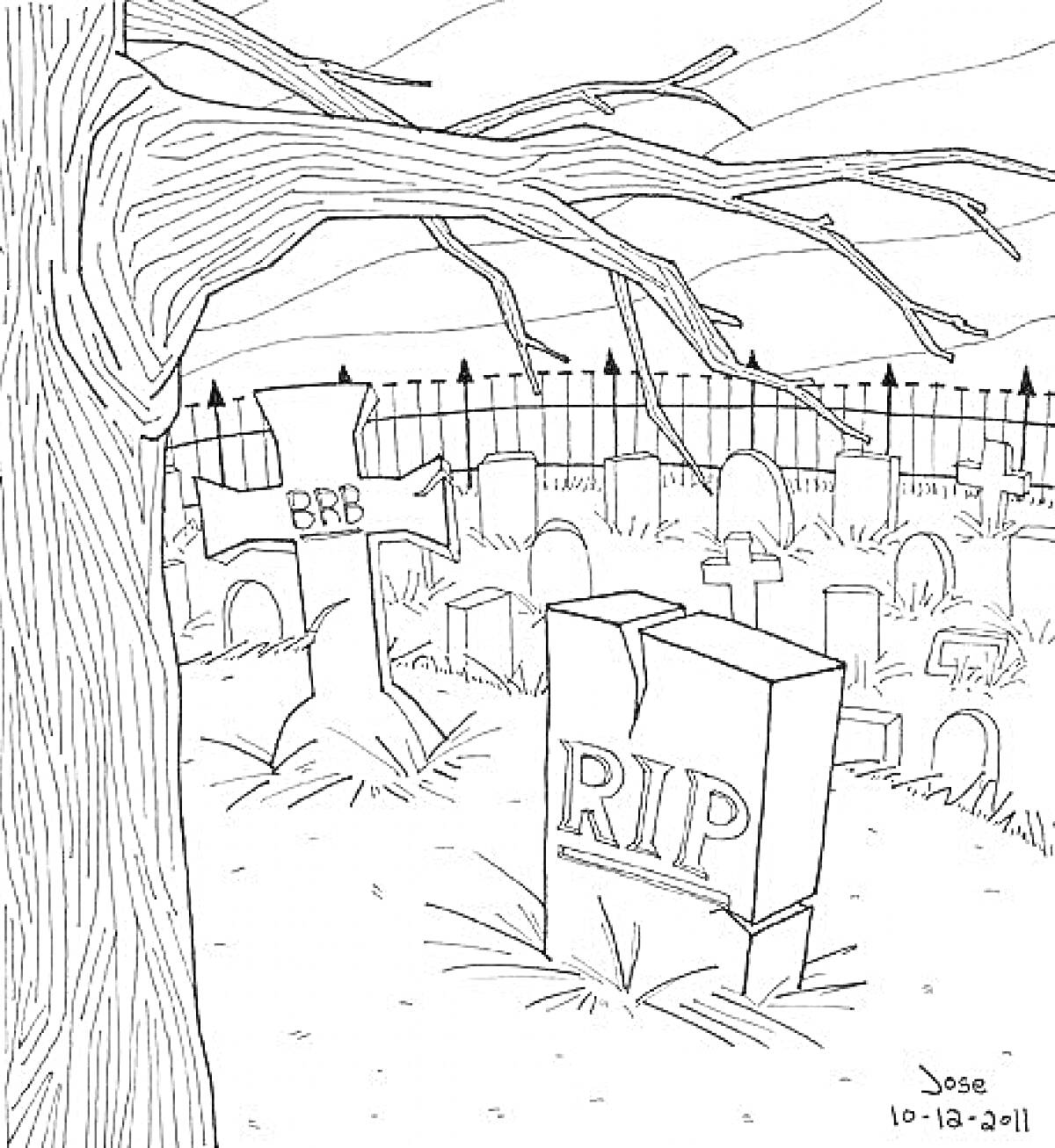 Раскраска Кладбище с надгробиями и деревом, надгробные надписи BRB и RIP, забор