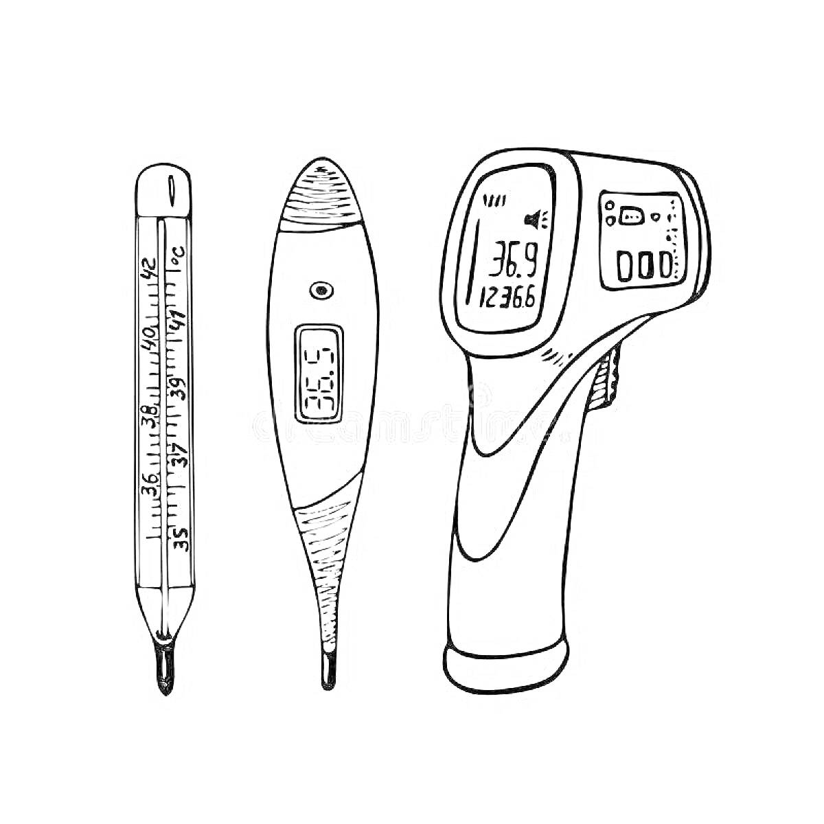 Рисунок с изображением ртутного термометра, цифрового медицинского термометра и инфракрасного термометра