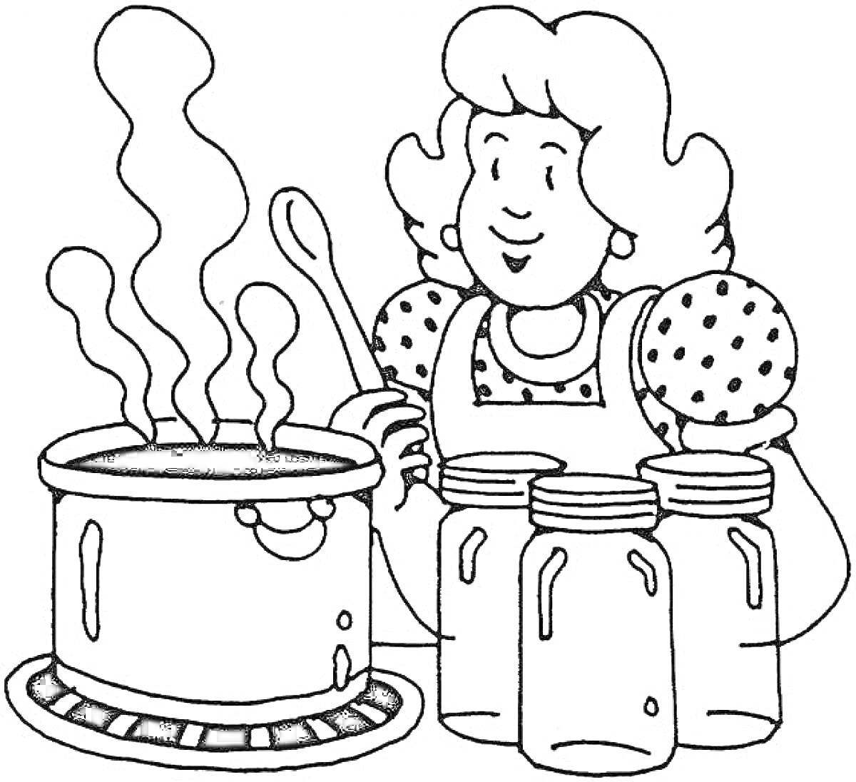 Раскраска Женщина с ложкой у кастрюли и банок