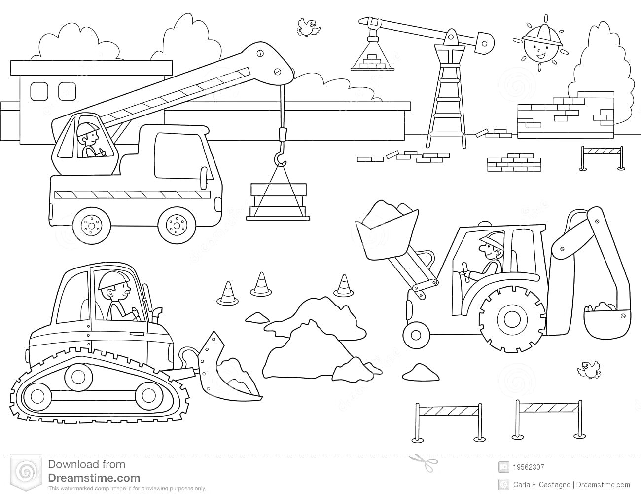 На раскраске изображено: Кран, Экскаватор, Ограждения, Кирпичная стена, Конусы, Деревья, Солнце