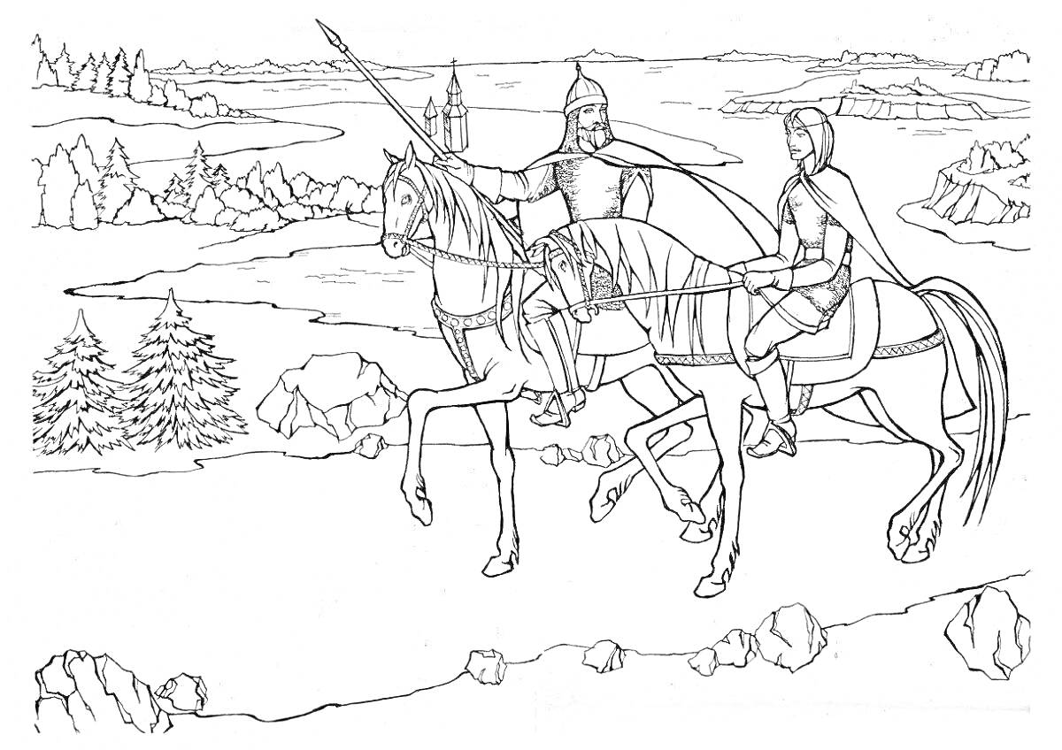 Раскраска Александр Невский на коне с товарищем, средневековый ландшафт с деревьями и скалами, церковь на заднем плане