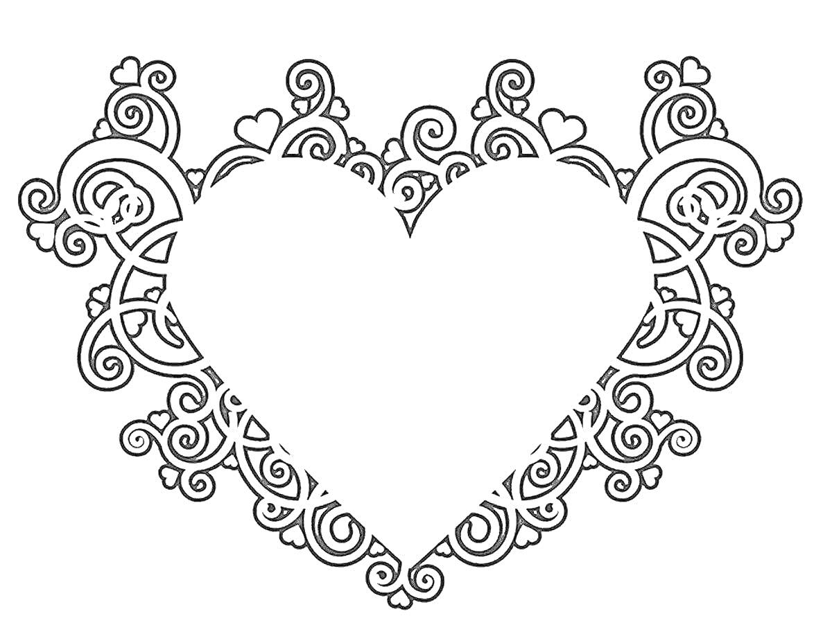 На раскраске изображено: Сердце, Узоры, Маленькие сердечки, Декоративные элементы, Антистресс, Для раскрашивания