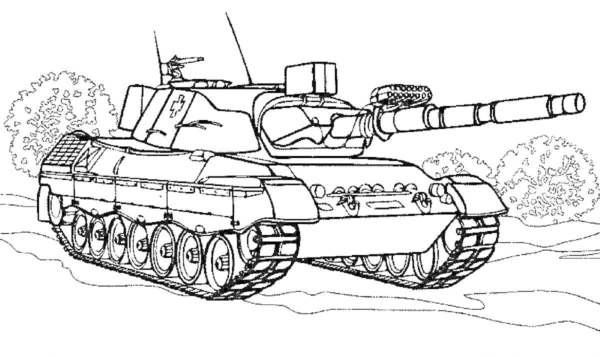 Раскраска Военный танк на пересеченной местности, с пушкой направленной вперед, на фоне деревьев.
