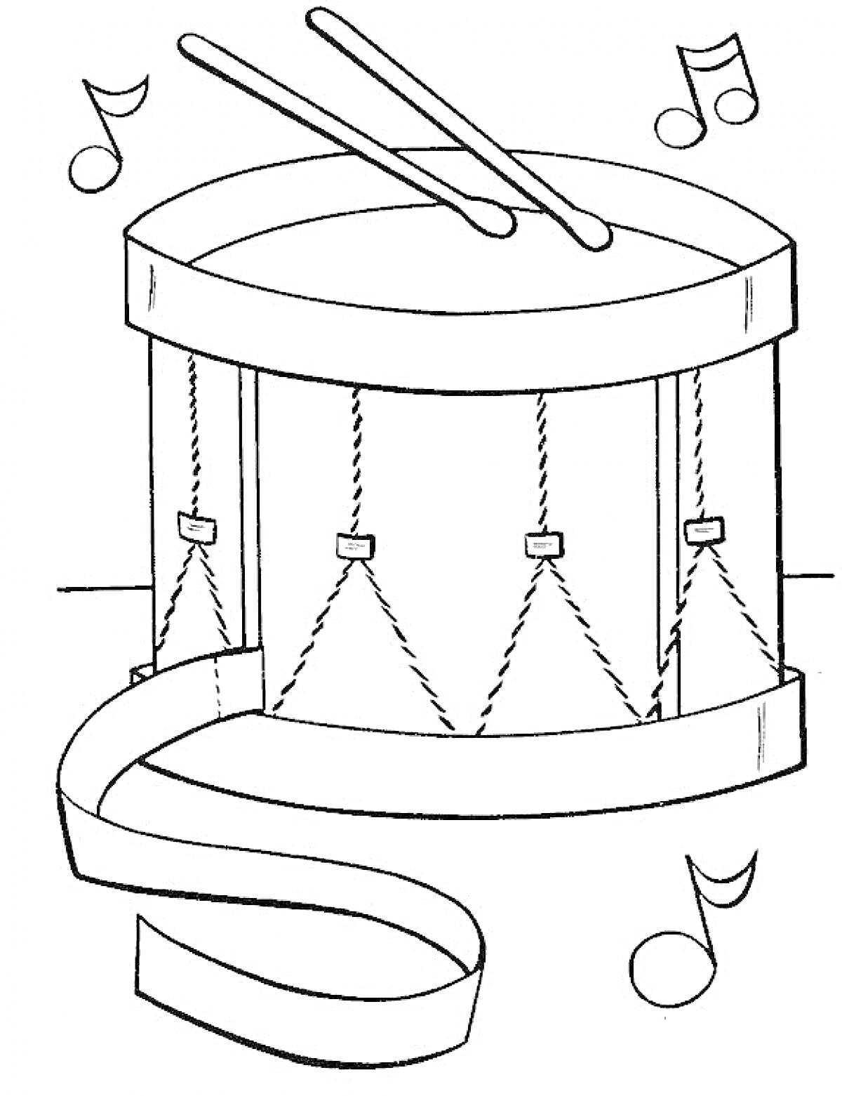 На раскраске изображено: Барабан, Музыкальные ноты, Музыка, Инструмент, Палочка