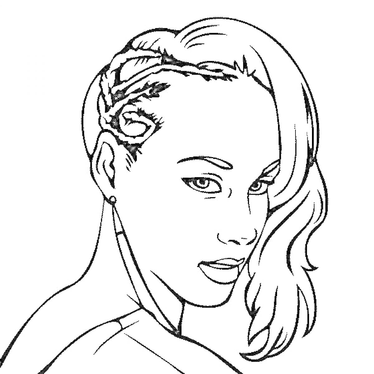 Раскраска Лицо девушки с косами и длинной асимметричной причёской, серьга