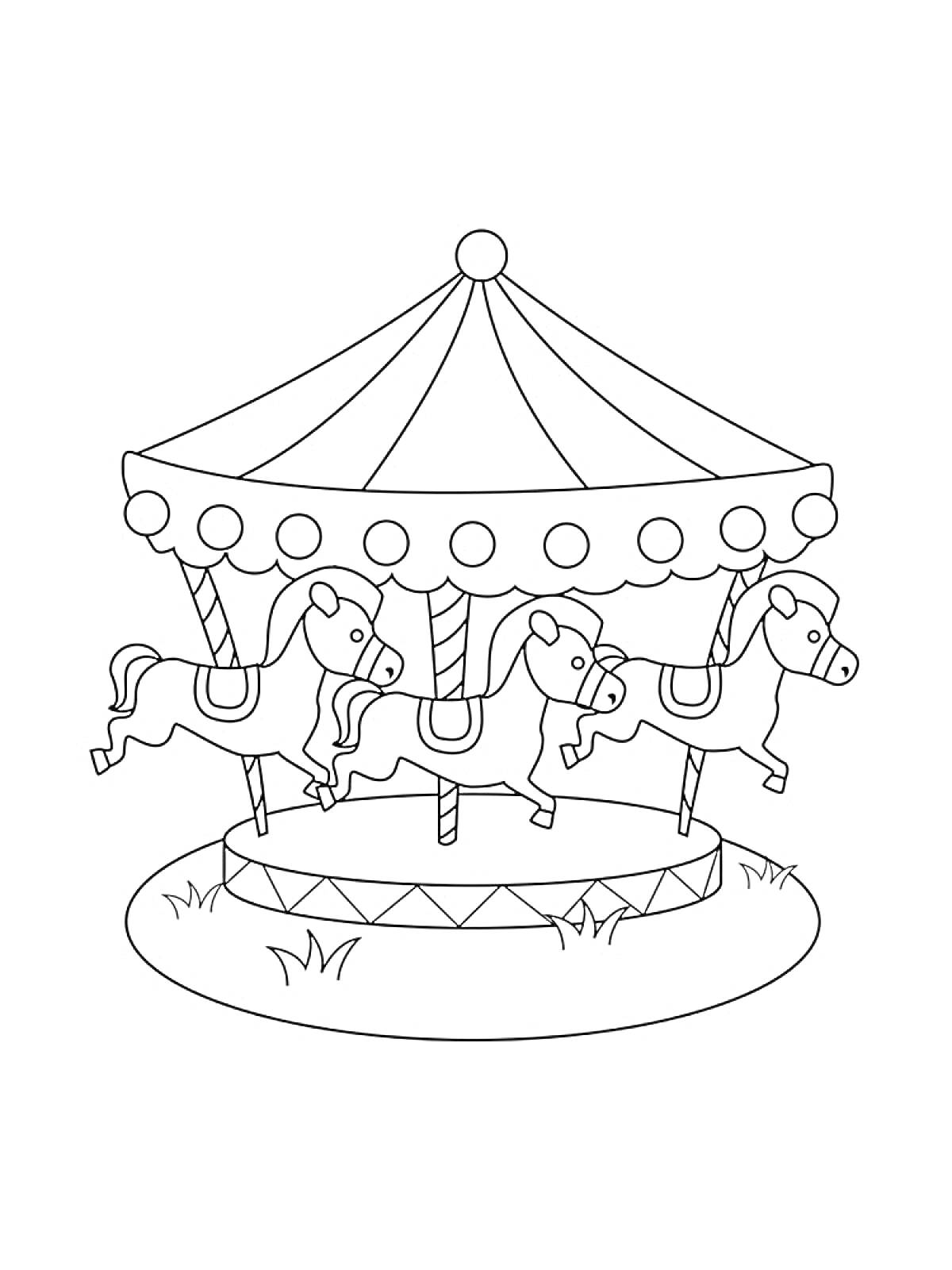 Раскраска Карусель с лошадками на круглой платформе с травой