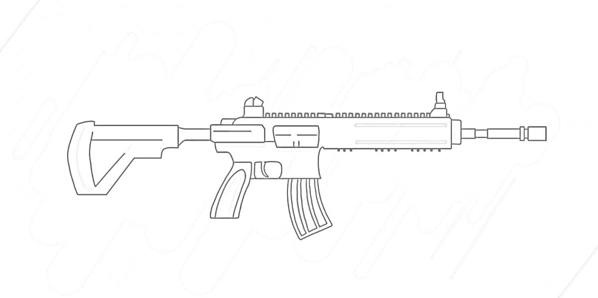 На раскраске изображено: M4A1, Винтовка, Оружие, Приклад, Магазин, Ствол, Мушка, Схема, Огнестрельное оружие