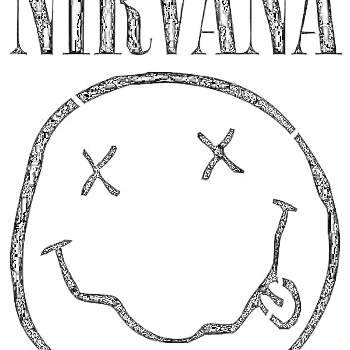 Раскраска Логотип Nirvana с улыбающимся лицом и крестиками вместо глаз