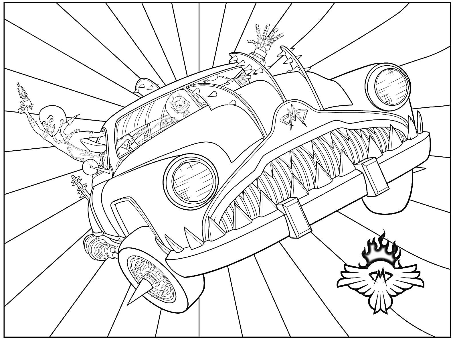 Раскраска Машина будущего с агрессивным дизайном, шипами на колесах и пассажирами, на фоне лучей и эмблемы