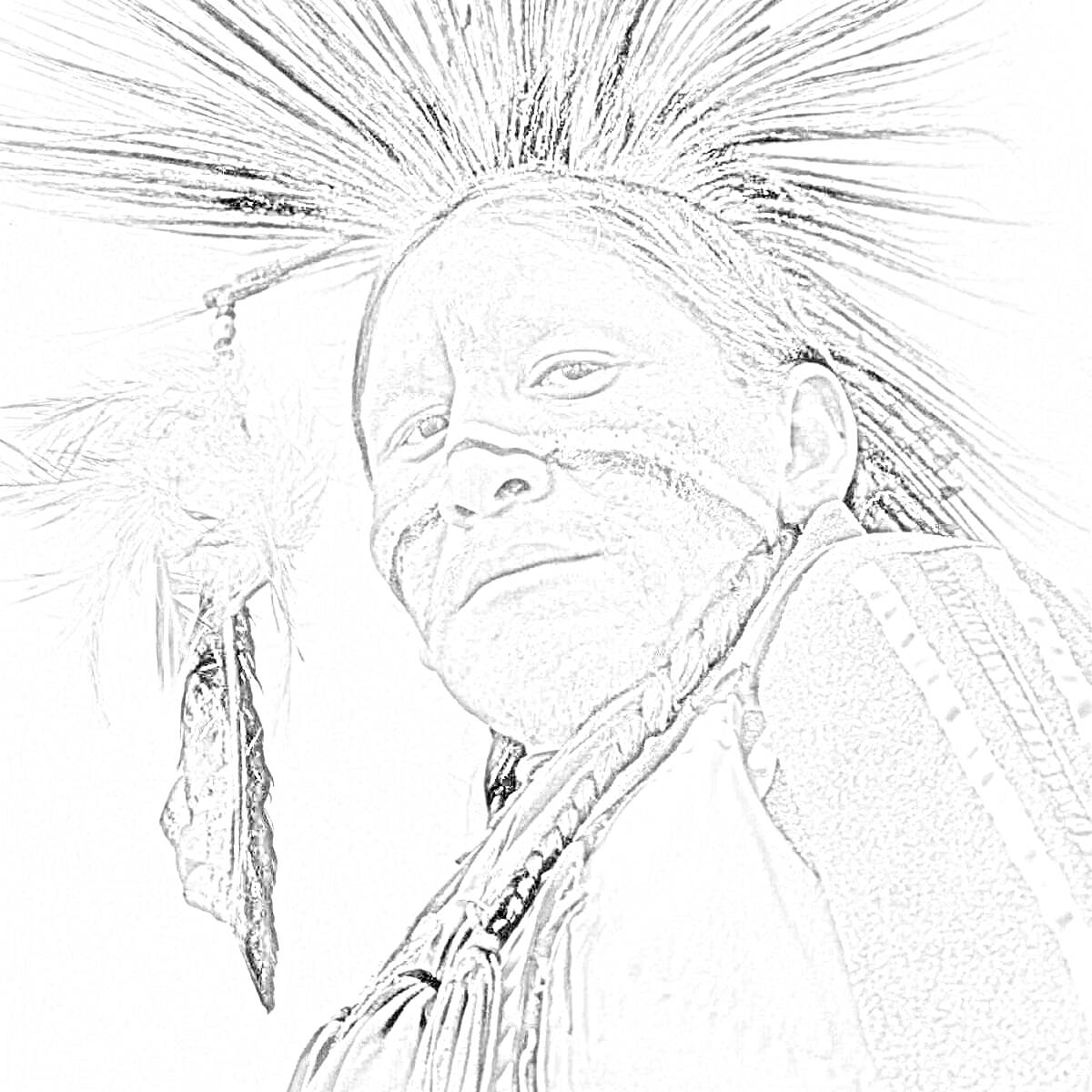 Раскраска Индейский воин с традиционным головным убором, боевой раскраской и украшением из перьев
