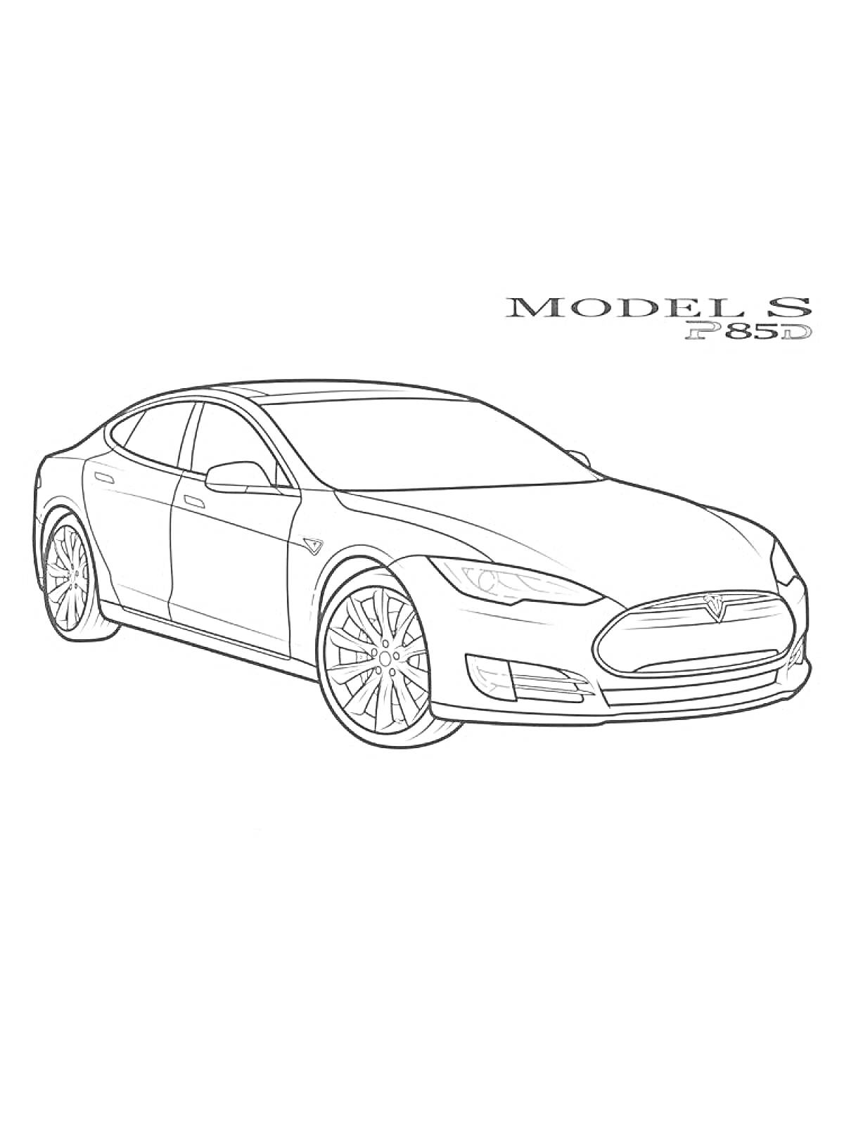 На раскраске изображено: Tesla, Электромобиль, Транспорт, Авто, Контурные рисунки