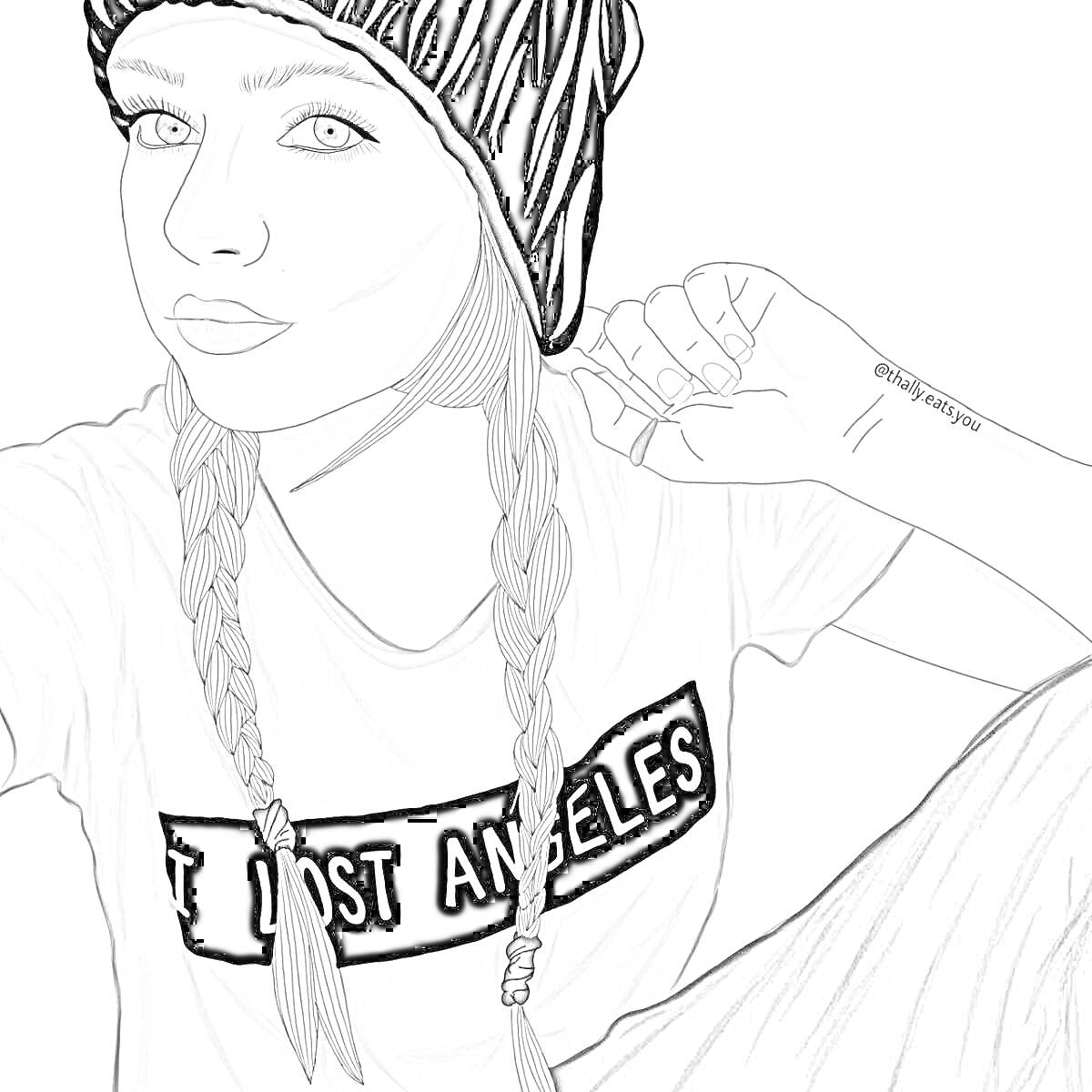 На раскраске изображено: Косички, Шапка, Надпись