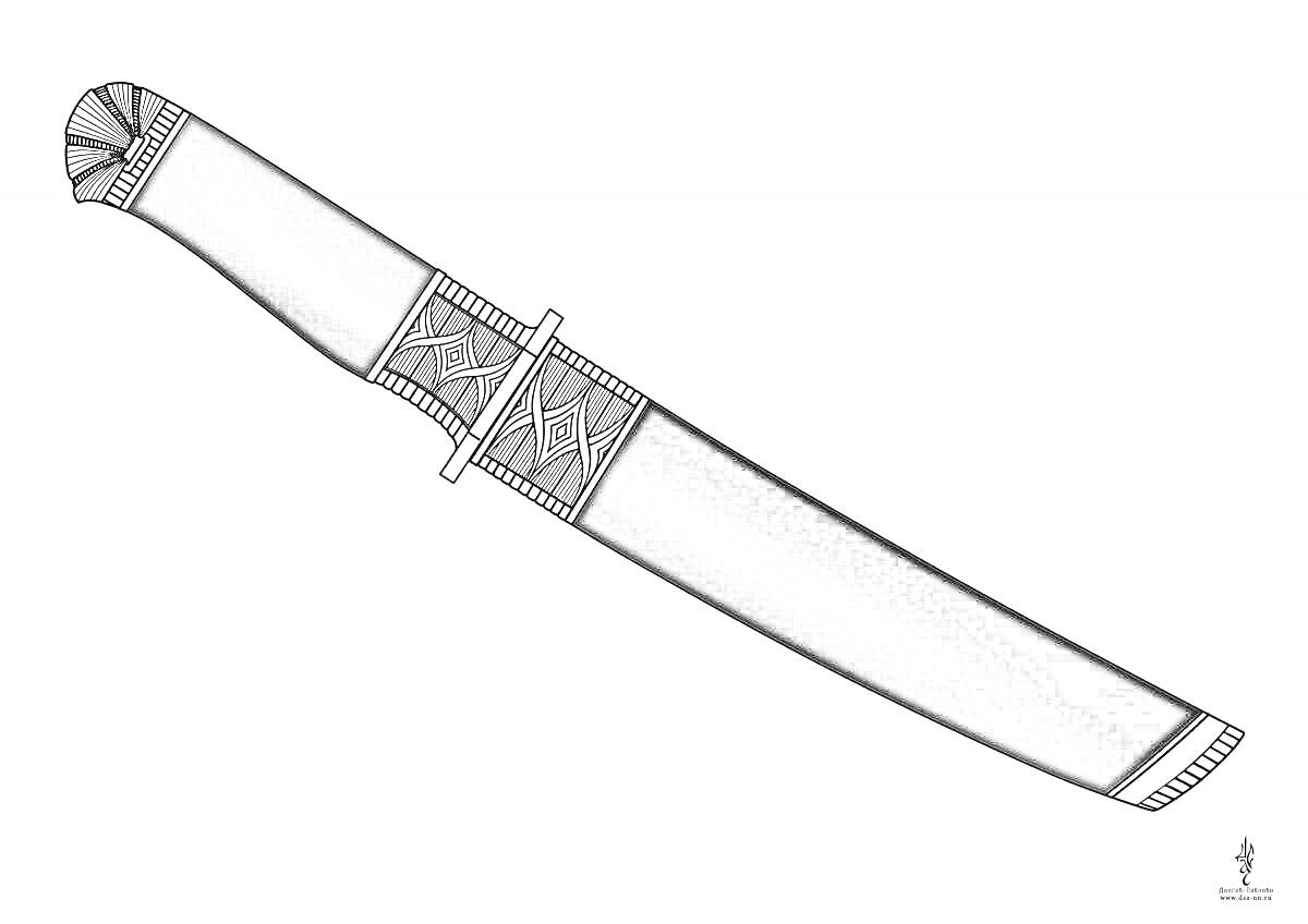 Раскраска Нож танто в ножнах с декоративными элементами