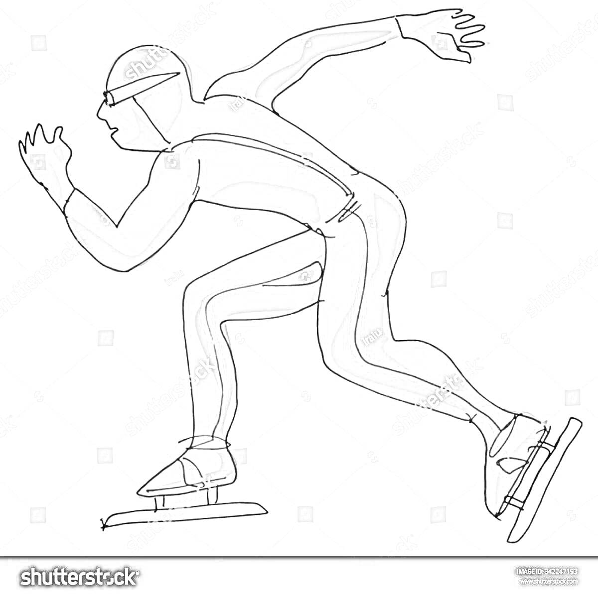 Раскраска Конькобежец в специальном костюме, шлеме и защитных очках на коньках