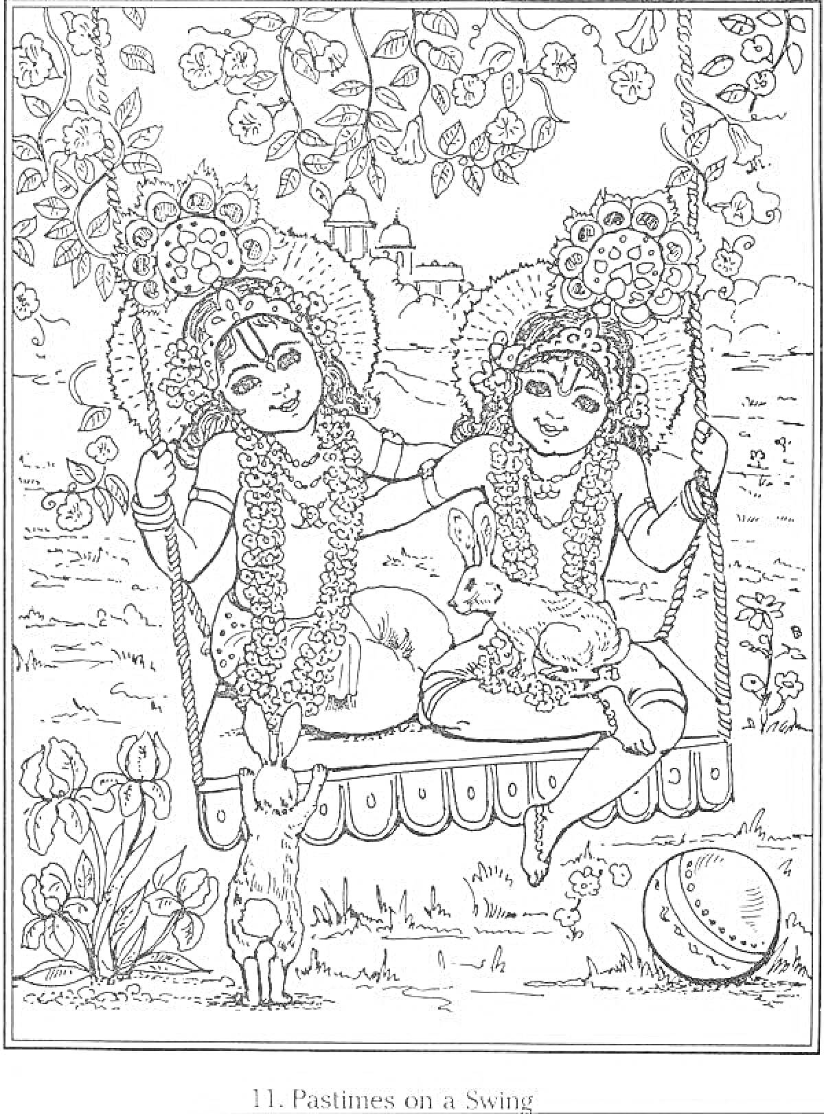 На раскраске изображено: Кришна, Качели, Цветы, Деревья, Храм, Природа