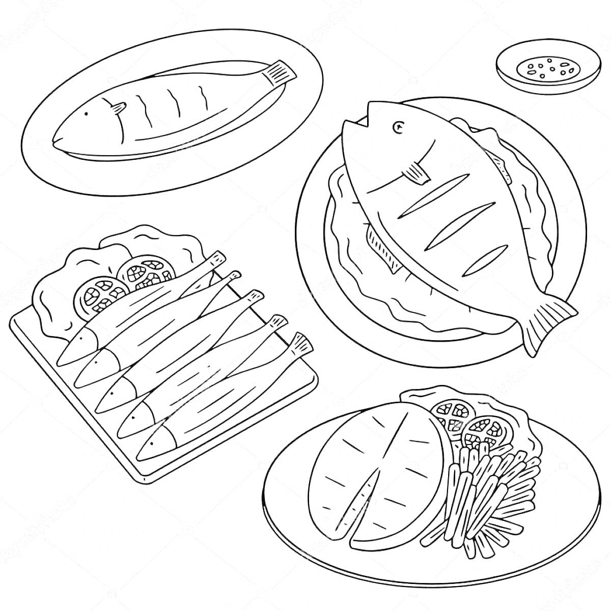 Рыбные блюда на тарелках — целая рыба, кусочки рыбы, рыбные палочки, ломтики рыбы с гарниром, специи