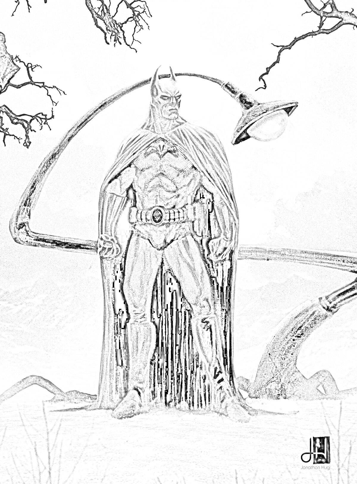 Раскраска Супергерой в костюме и плаще ночью на фоне дерева и гор при свете лампы