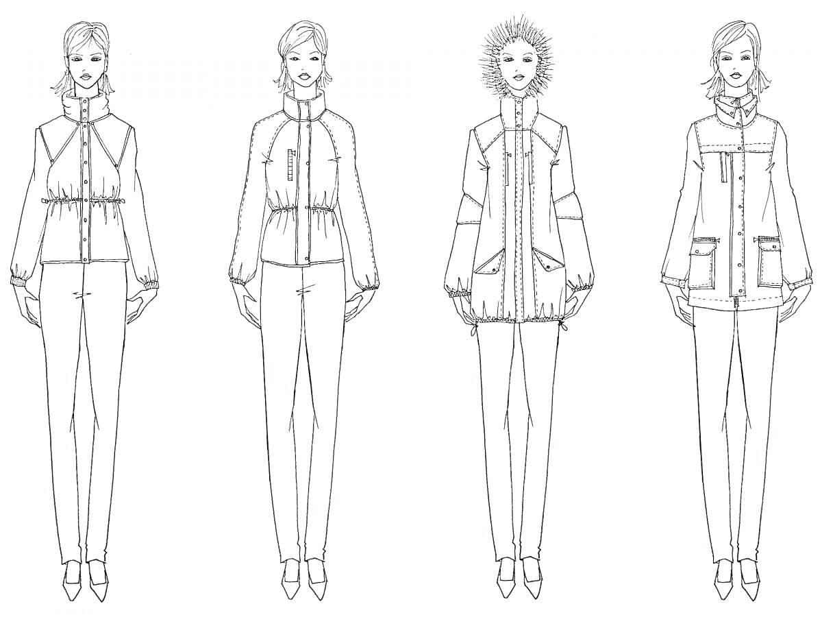 Раскраска Четыре эскиза обмундирования: куртка с плотно прилегающим воротником, куртка с поясом, зимняя куртка с меховым капюшоном, куртка с карманами
