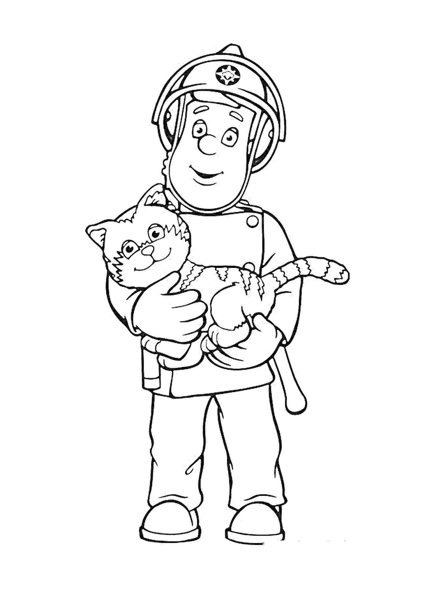 Раскраска Пожарный держит кота на руках