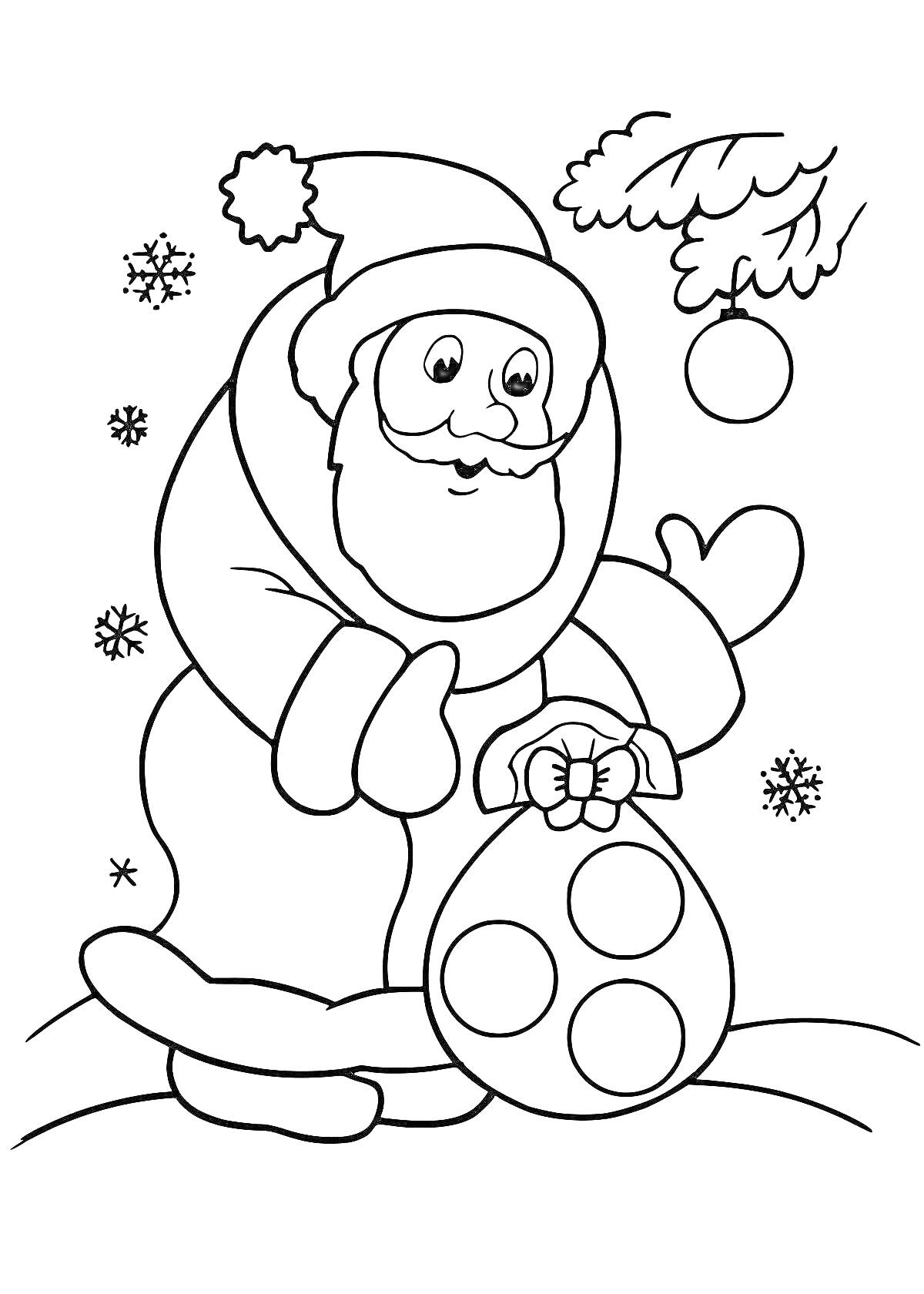 На раскраске изображено: Дед Мороз, Снежинки, Новый год, Зима, Дети 6-7 лет, Елочные игрушки, Мешок с подарками, Праздники