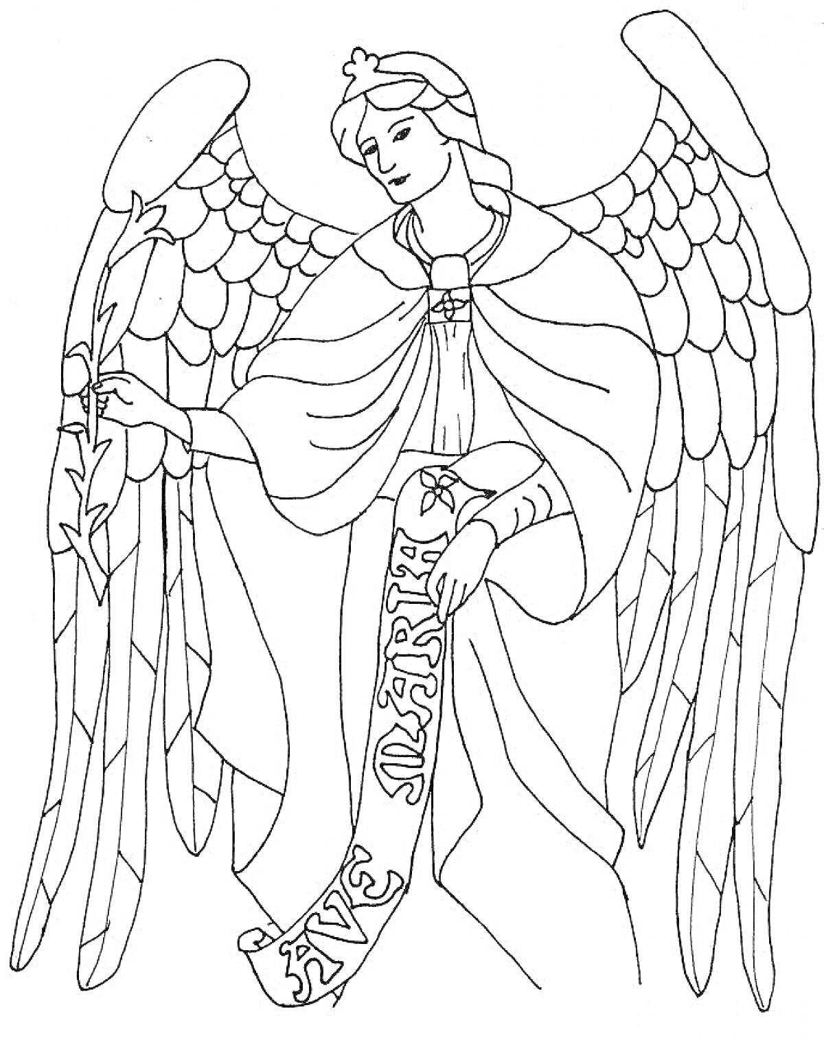 На раскраске изображено: Ангел, Крылья, Свиток, Надпись, Нимб, Цветы