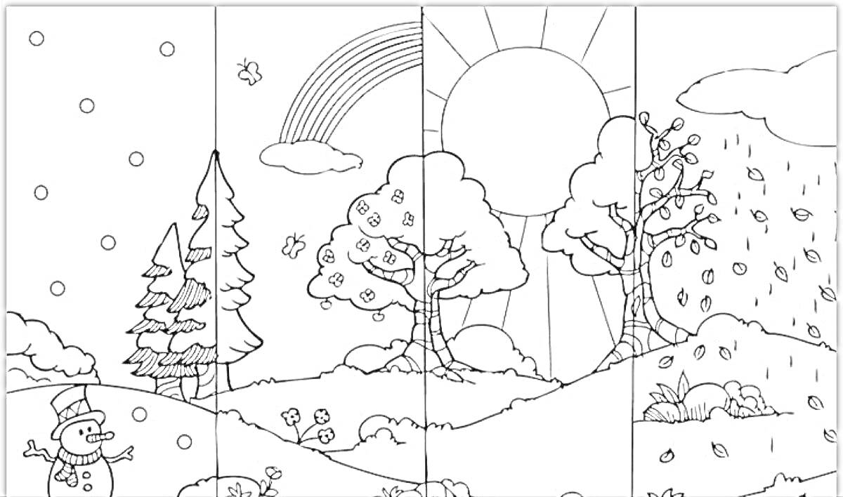 На раскраске изображено: Снежинки, Ёлки, Солнце, Цветы, Дерево без листьев, Дождь, Туча, Листья