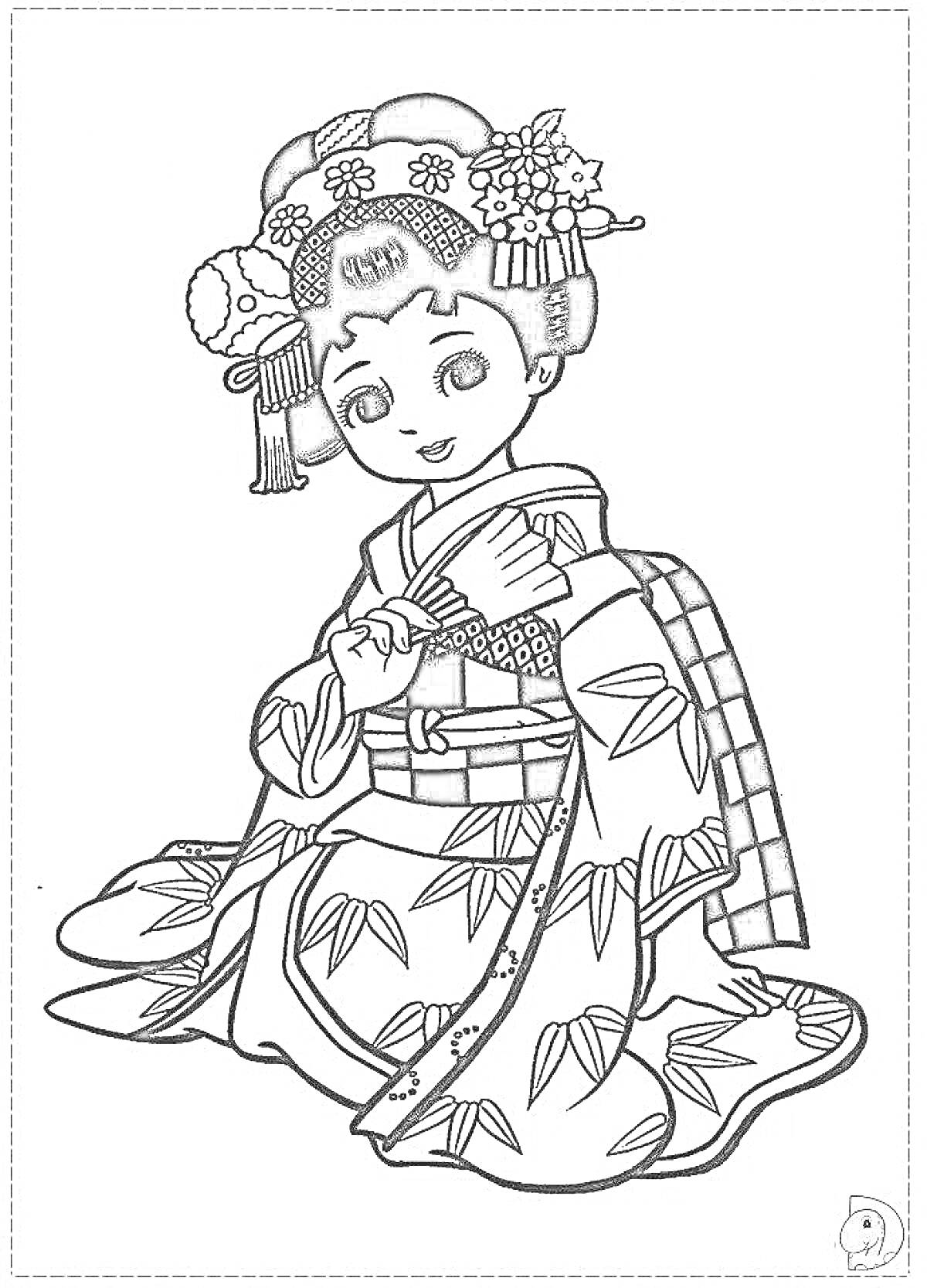 На раскраске изображено: Гейша, Кимоно, Традиционная одежда, Цветы, Украшение для волос, Веер, Азиатская культура, Японский стиль