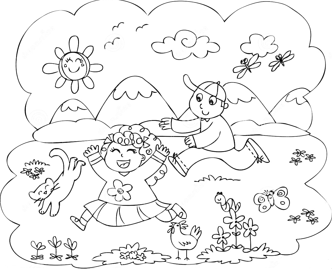 Раскраска Дети, кошка, курица, цветы, бабочки и стрекозы на поляне с горами на фоне и улыбающимся солнцем