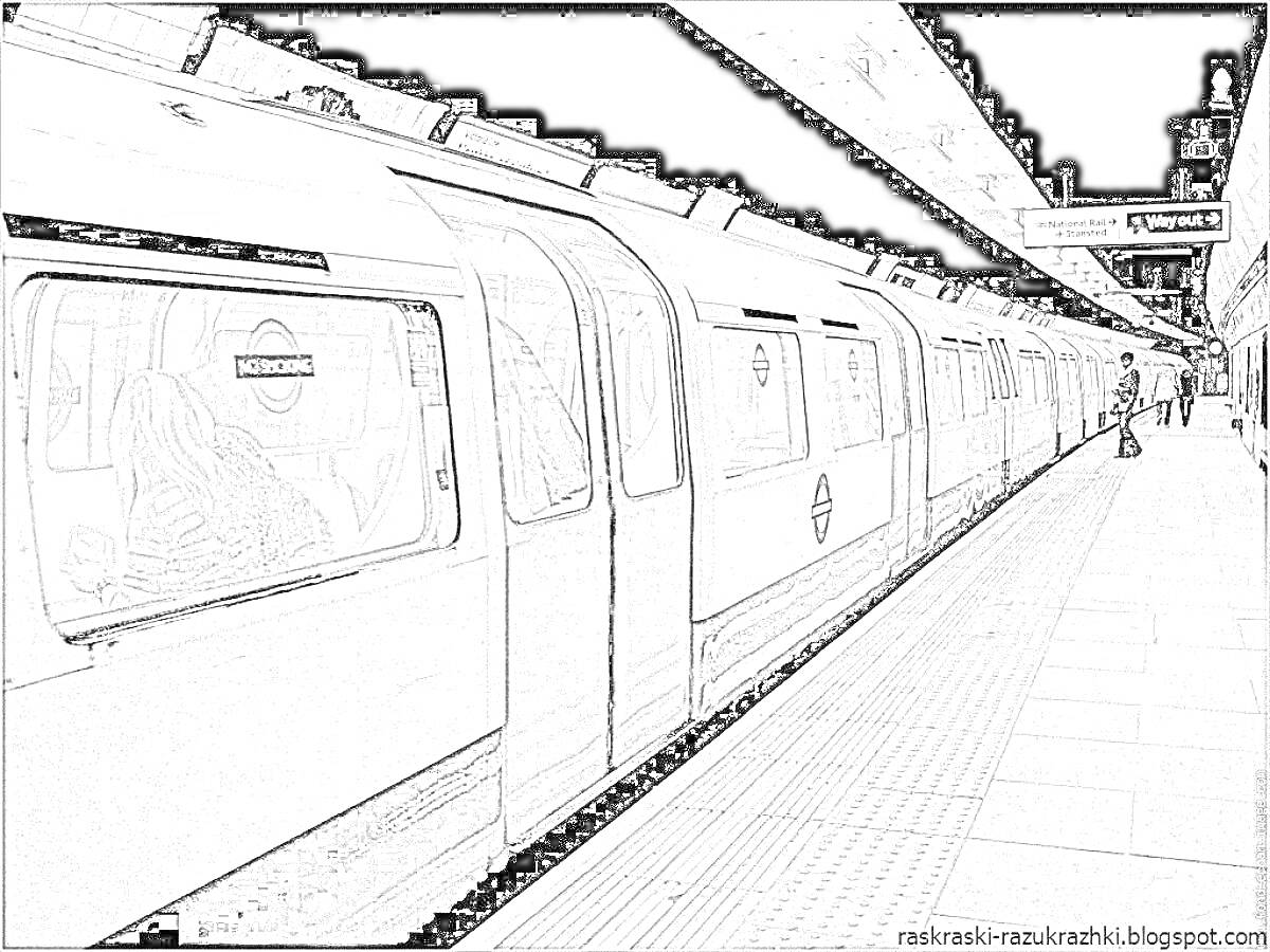 На раскраске изображено: Метро, Москва, Поезд, Станция, Платформа, Пассажиры, Инфраструктура, Транспорт