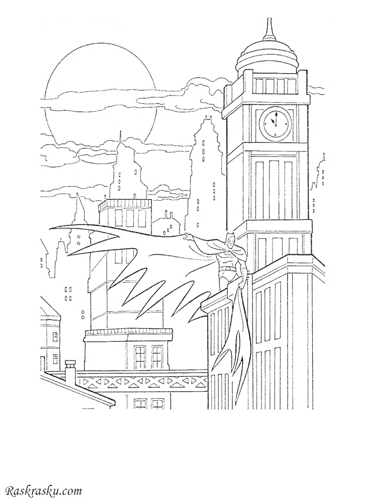 Раскраска Супергерой на здании в городе будущего с башнями, часами и небоскребами