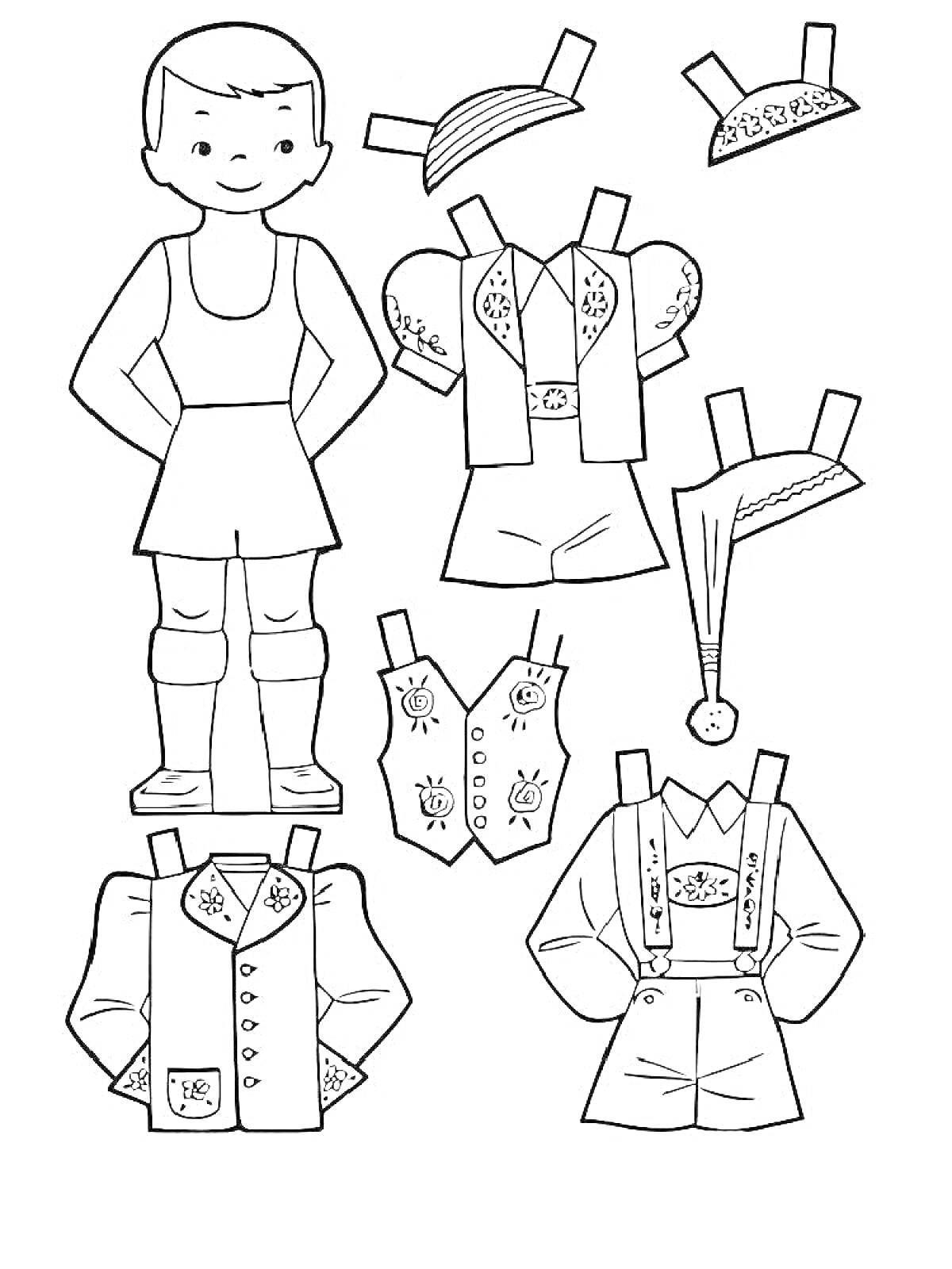 На раскраске изображено: Кукла, Одежда, Рубашки, Бумажная кукла