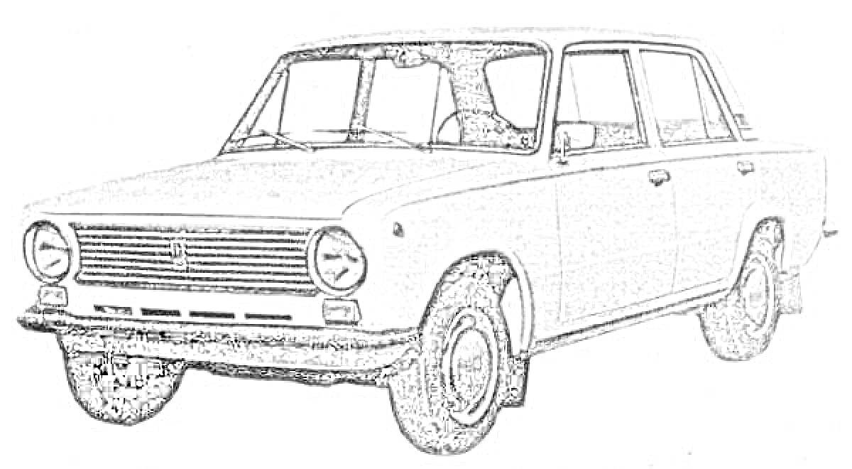 Автомобиль ВАЗ-2101 «Копейка» в черно-белом формате для раскраски