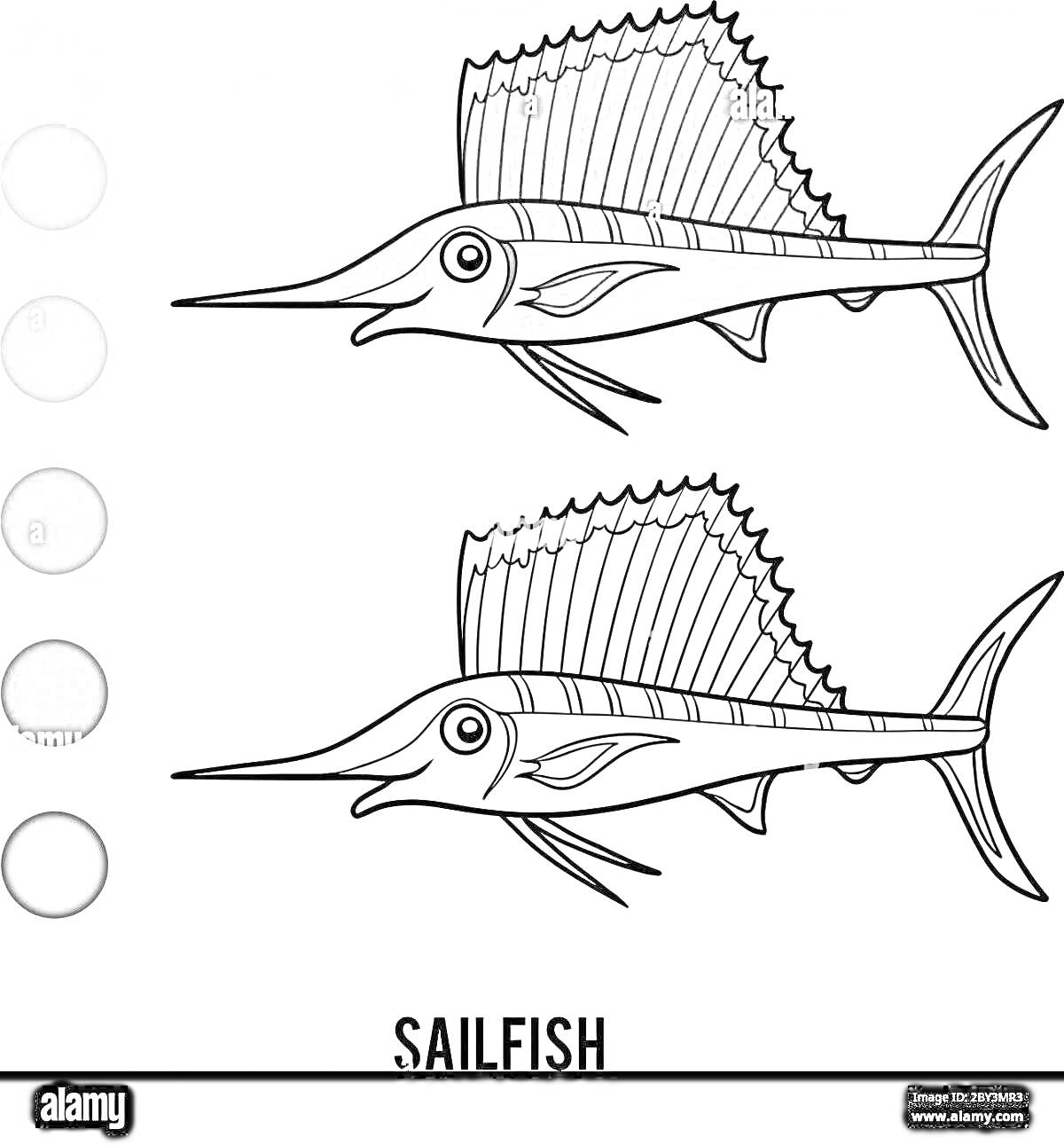 Раскраска Раскраска с двумя изображениями рыбы парусник, палитрой оттенков серого и надписью 