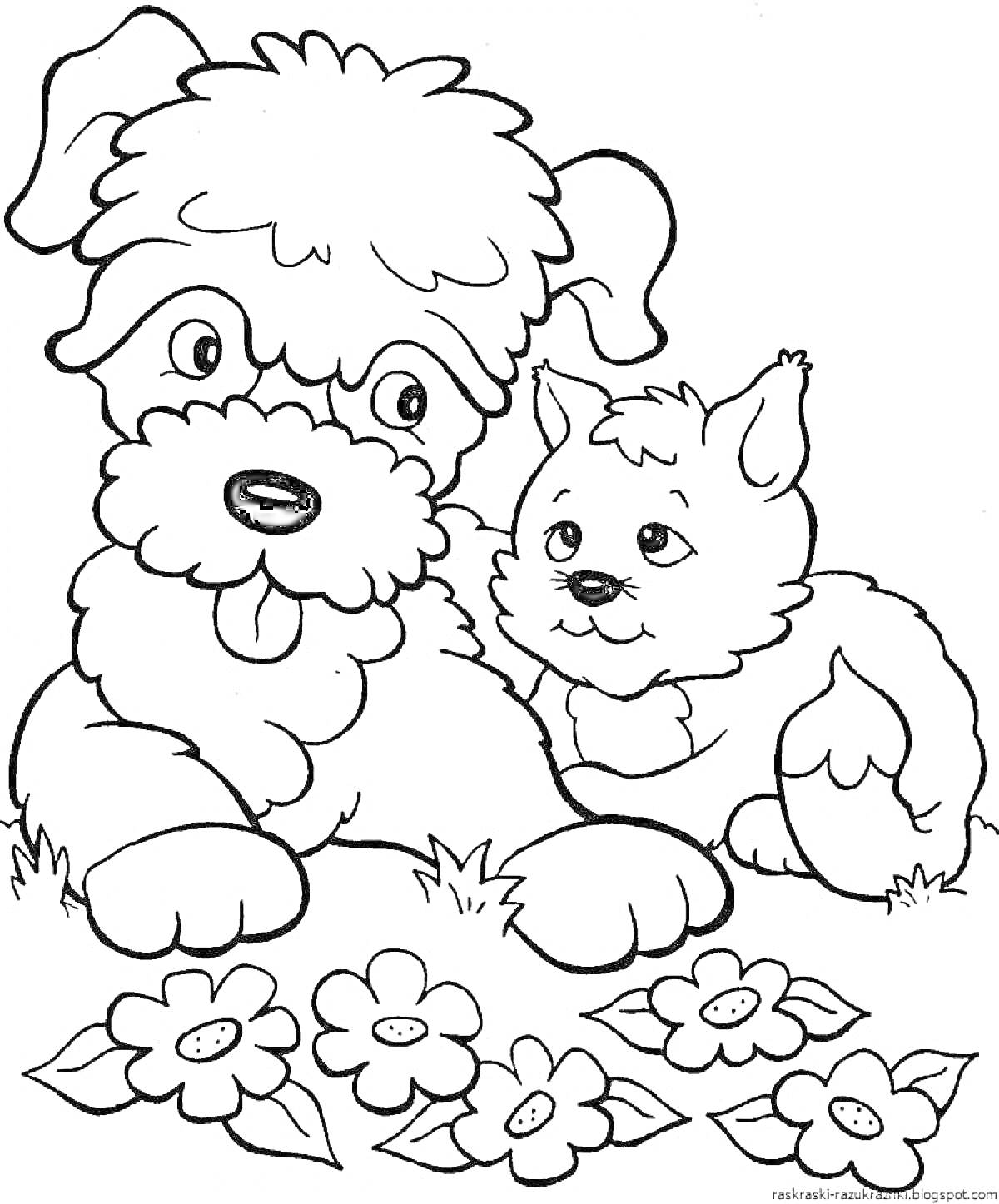 Раскраска Собака и котенок среди цветов