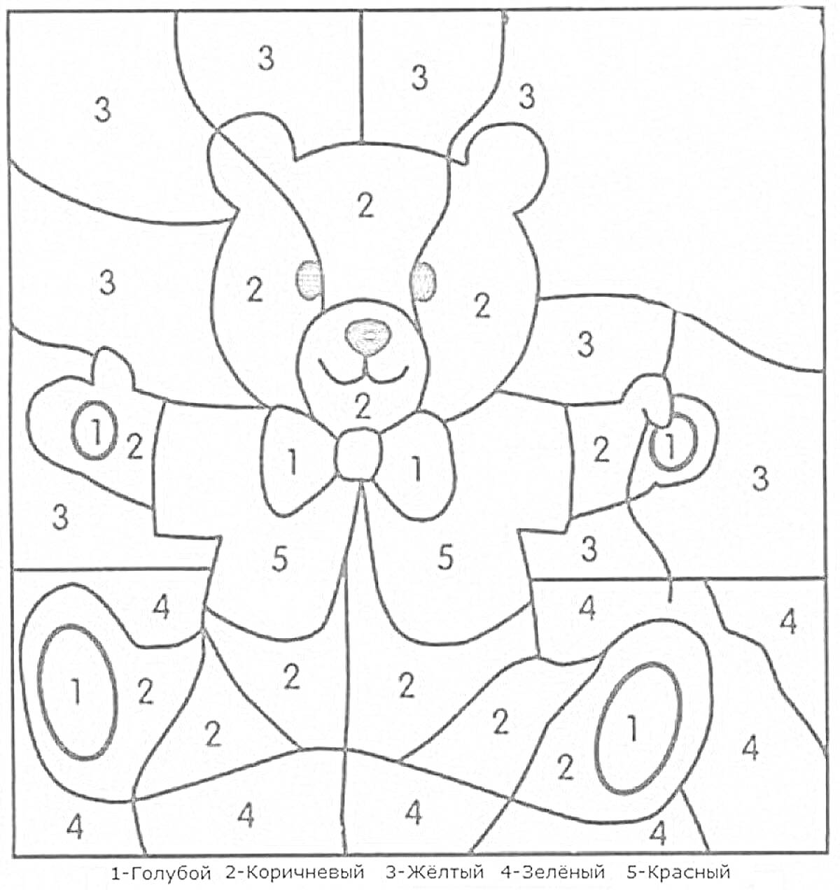 На раскраске изображено: По номерам, Медведь, Галстук-бабочка, Для детей, Игрушки